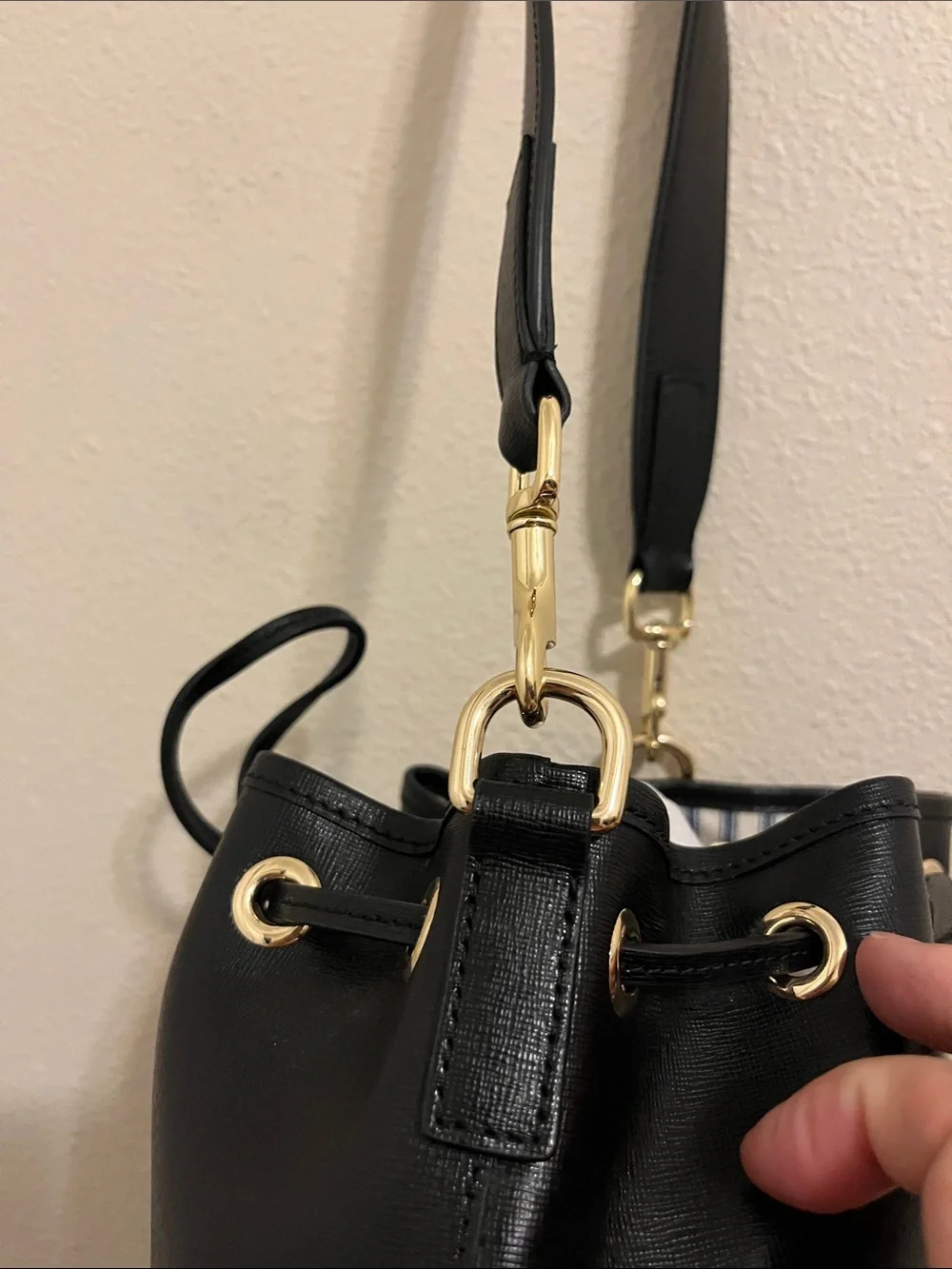 Dooney & Bourke Black Leather Drawstring Hobo with Gold Hardware